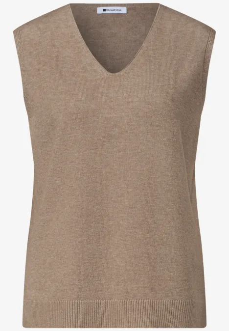 Pullunder mit V-Neck in Unifarbe sanded amber mel. Ärmellose V-Ausschnitt-Strickweste in Beige/Taupe