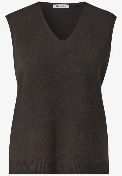 Pullunder mit V-Neck in Unifarbe black coffee mel. Dunkelgrauer ärmelloser Damenpullover mit V-Ausschnitt.