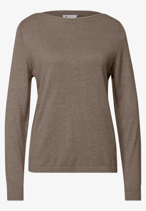 Basic Pullover mit U-Boot-Ausschnitt sanded amber mel. Brauner Damenpullover mit Rundhalsausschnitt und langen Ärmeln.