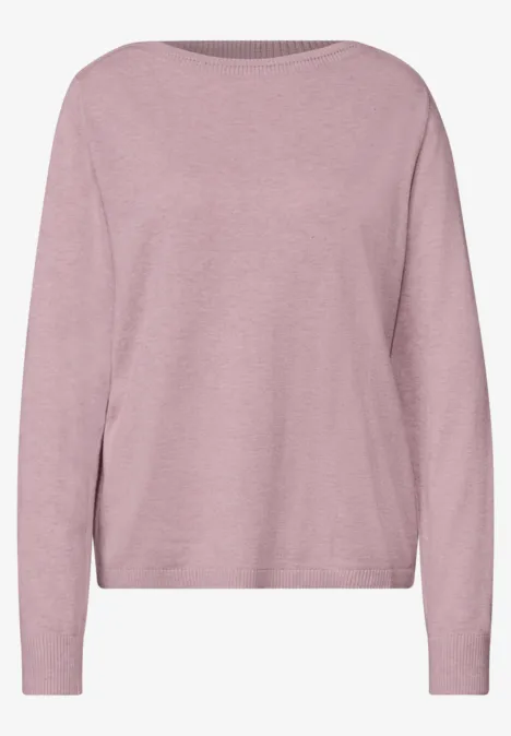 Sweter Basic z dekoltem w łódkę quiet rose mel. Prosty różowy sweter damski z cienkiego dżerseju, okrągły dekolt i długie rękawy
