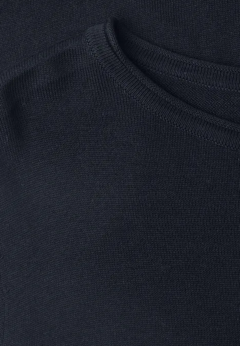 Pullover mit Rundhals und Rollkanten darkest blue Nahaufnahme eines schwarzen Rundhals-T-Shirts aus Baumwollstoff.