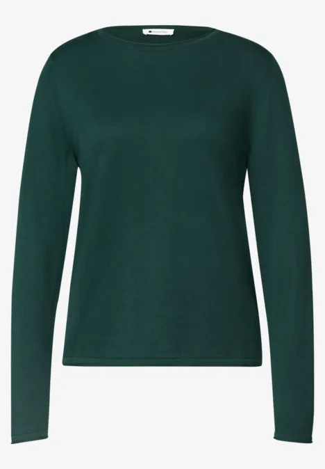 Dunkelgrüner Langarmpullover mit Rundhalsausschnitt, schlichtes Design.