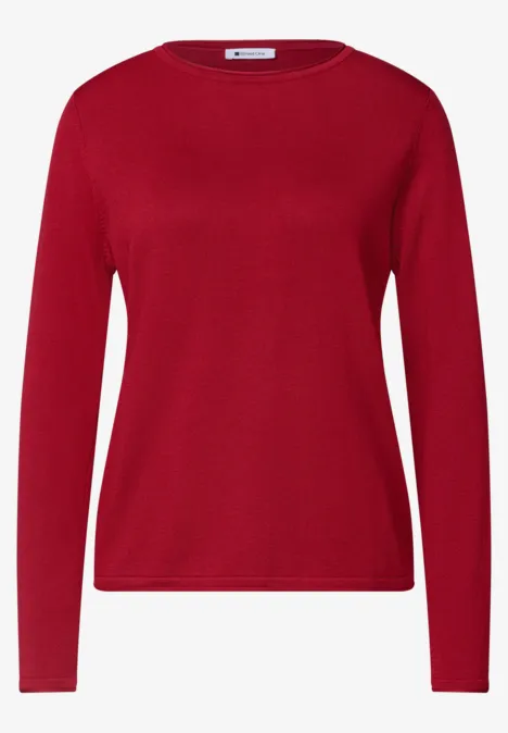 Roter Damenpullover mit Rundhalsausschnitt und langen Ärmeln.