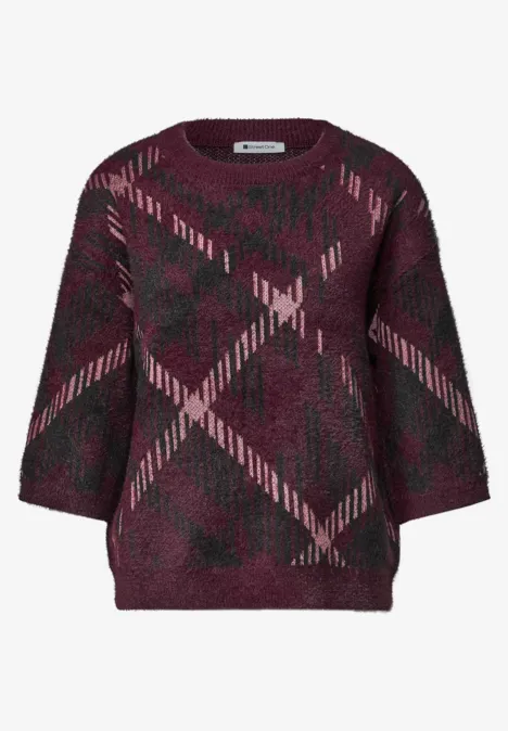 Wzorzysty sweter z rękawem 3/4 i okrągłym dekoltem rustic rouge Burgundowy sweter z geometrycznym wzorem w różu i czerni, rękawy 3/4 i okrągły dekolt.
