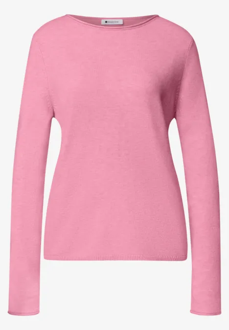 Trui met boothals en omgeslagen randen warm blush mel. Een eenvoudig roze damestrui met lange mouwen.