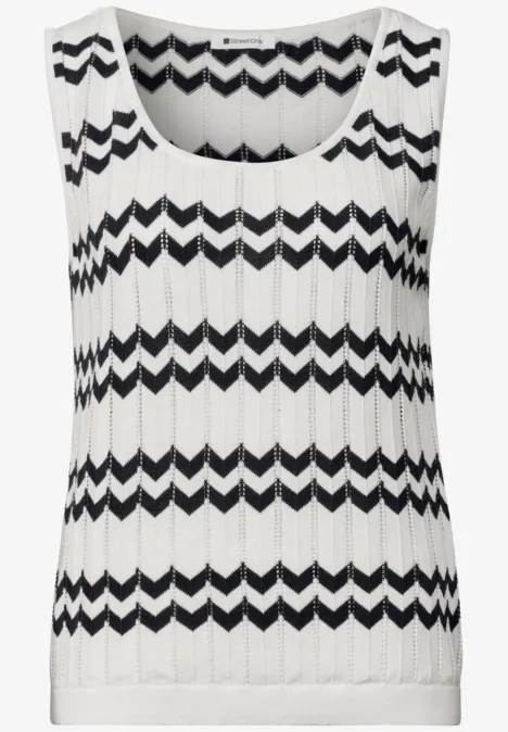 Strick-Top mit Zick-Zack-Muster off white Ärmelloses Stricktop in Weiß mit schwarzen Zickzack-Streifen, gerippt und locker geschnitten.