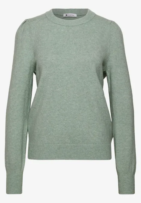 Langarm Pullover mit Rundhals und Raffung eucalyptus green mel. Hellgrüner Pullover mit Rundhalsausschnitt und langen Ärmeln.