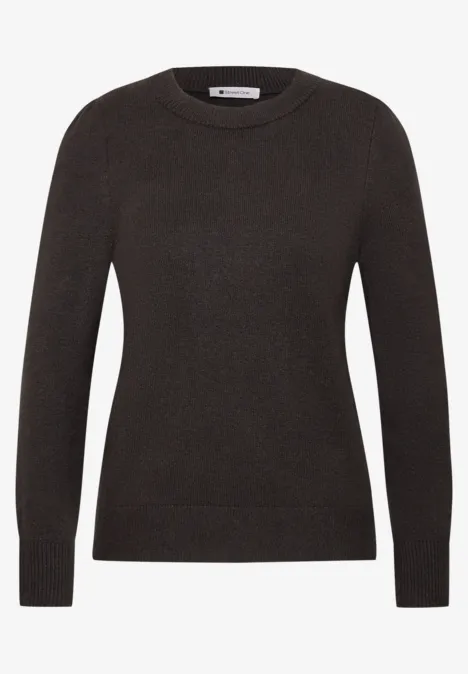 Pull à manches longues, col rond et fronces black coffee mel. Pull femme noir à col rond, manches longues et bords côtelés.