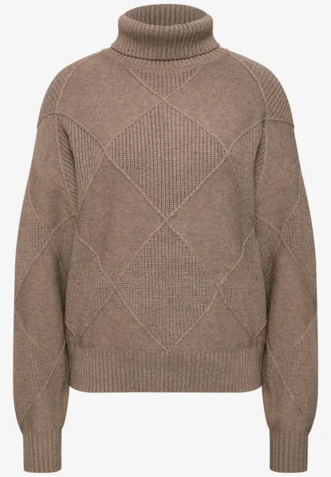 Taupefarbener gerippter Rollkragenpullover mit Rautenmuster und langen Ärmeln