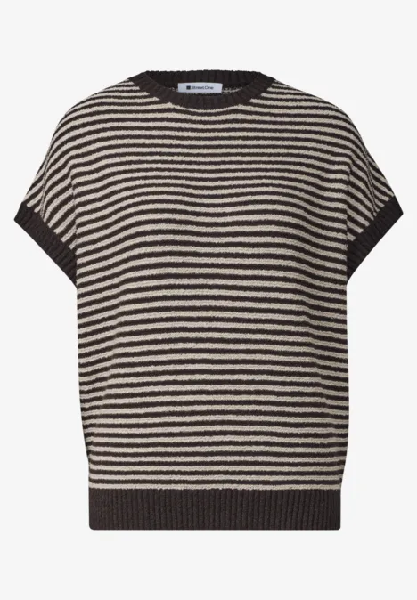 Kurzärmliger, gestreifter Pullover in Beige und Schwarz mit Rundhalsausschnitt und Rippbündchen.