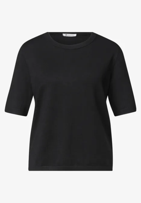 Schwarzes T-Shirt mit halblangen Ärmeln und rundem Halsausschnitt