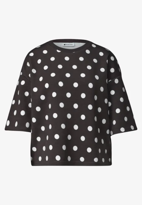 Sweatshirt met korte mouwen en ronde hals black coffee Schwarzes kurzärmeliges Oberteil mit weißen Polka-Dots.