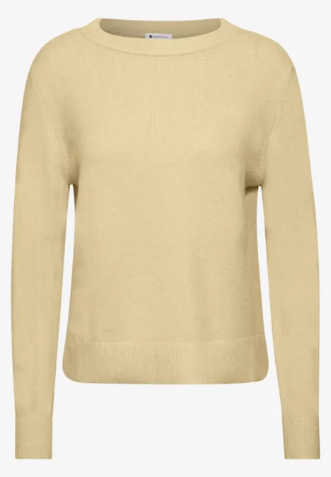 Trui met lange mouwen en boothals sunbeam yellow mel. Beige Pullover mit Rundhalsausschnitt, langen Ärmeln und schlichtem Design.