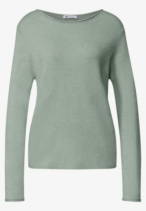 Pullover mit Boat Neck und Rollkanten eucalyptus green mel. Schlichter pastellgrüner Pullover mit langen Ärmeln und rundem Ausschnitt.