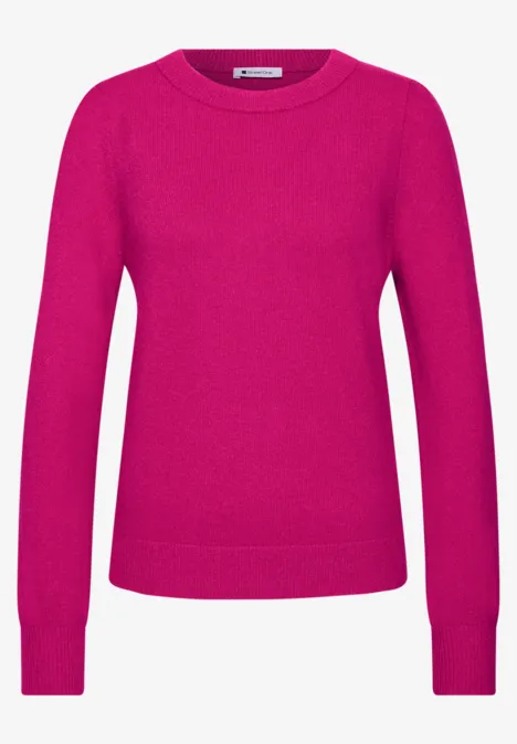 Pull rose fuchsia uni pour femme, col rond et manches longues.