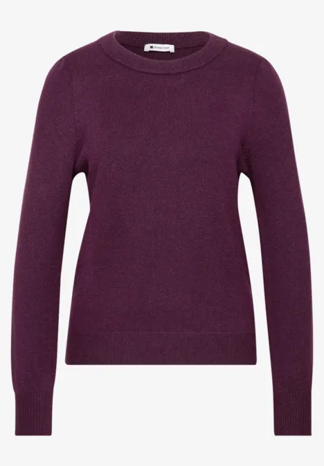 Langarm Pullover mit Rundhals und Raffung berry maroon mel. Ein einfaches lila Rundhals-Pullover mit langen Ärmeln.