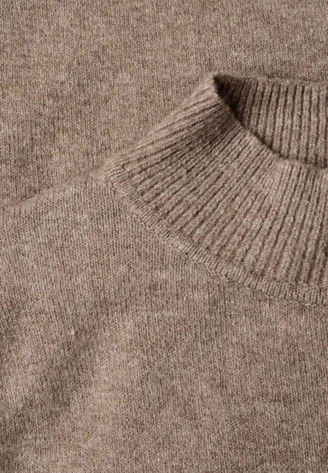 Kurzarm Pullover mit Turtle Neck sanded amber mel. Nahaufnahme eines beigefarbenen, gestrickten Wollpullovers mit Rundhalsausschnitt.