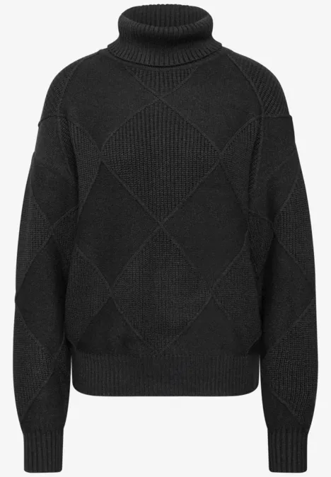 Schwarzer, dicker Strickpullover mit Rollkragen und Rautenmuster