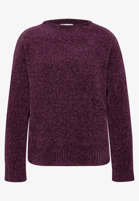 Chenille-Pullover mit U-Boot-Ausschnitt berry maroon Dunkellila weicher Strickpullover mit Rundhals und langen Ärmeln