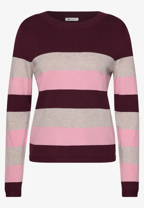 Gestreifter Damenpullover mit Rundhalsausschnitt in Burgund, Beige und Rosa.