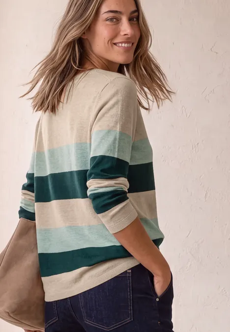 Pullover mit Rundhals und Streifen clay sand mel. Frau in gestreiftem Pullover schaut lächelnd über die Schulter