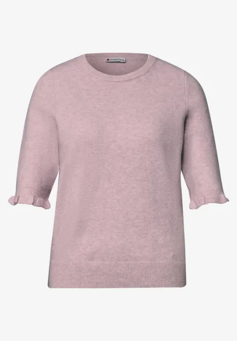 Kurzarm Pullover mit Rundhals und Rüschen quiet rose mel. Rosa Kurzarm-Feinstrickpullover mit Rundhalsausschnitt und zarten Rüschen am Ärmelabschluss.