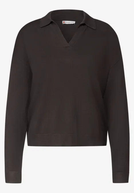 Langarm Pullover mit Polokragen black coffee Dunkelgrauer Pullover mit V-Ausschnitt und Kragen, langärmlig und schlicht.