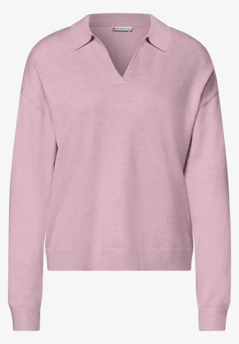 Langarm Pullover mit Polokragen quiet rose mel. Rosa Strickpullover mit V-Ausschnitt und Polokragen, langärmelig und lässig geschnitten.