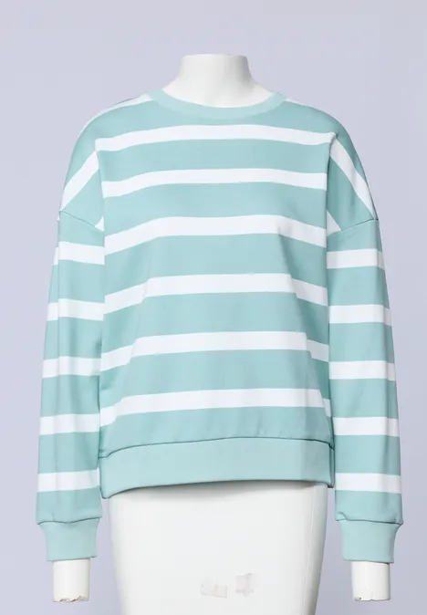 Sweatshirt mit Rundhals und Streifen eucalyptus green Hellblau-weiß gestreifter Sweatshirt-Pullover mit Rundhalsausschnitt vor hellem Hintergrund.