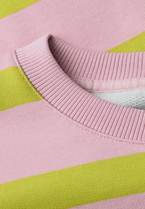 Sweatshirt mit Rundhals und Streifen apple lime Nahaufnahme eines Rundhalsausschnitts eines Pullovers mit breiten rosa und limettengrünen Streifen.