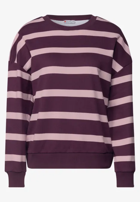 Bluza z okrągłym dekoltem i w paski berry maroon Damski sweter w szerokie różowo-fioletowe paski z długimi rękawami.