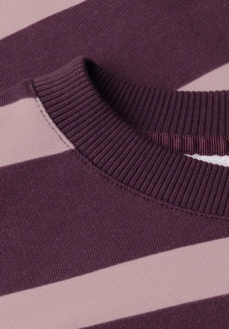 Bluza z okrągłym dekoltem i w paski berry maroon Zbliżenie na sweter w paski z szerokim, okrągłym dekoltem w kolorach fioletu i różu.