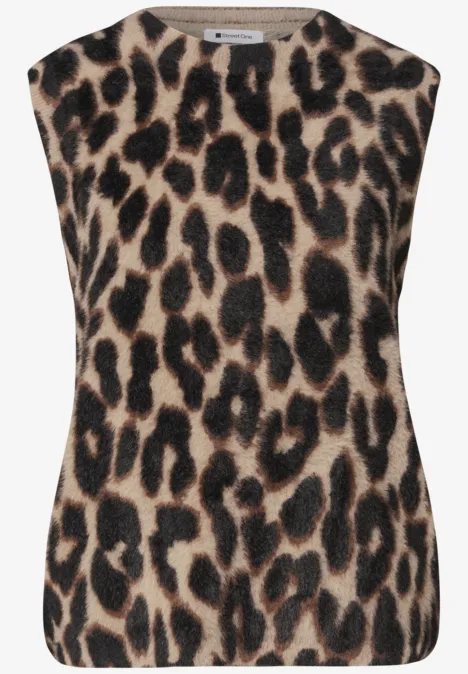 Ärmelloses Damenoberteil mit Leopardenmuster in Beige, Braun und Schwarz.