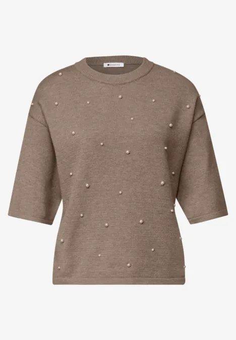 3/4-Arm Pullover mit Rundhals sanded amber mel. Brauner Kurzarm-Pullover mit halblangen Ärmeln und kleinen Perlen als Zierde.