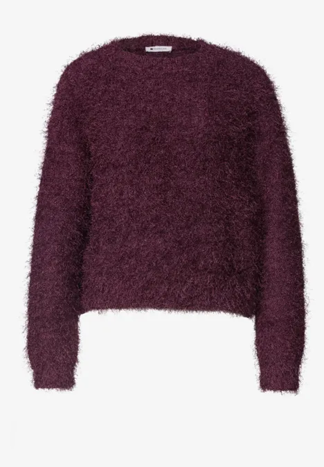 Langarm Pullover aus Fransengarn rustic rouge Kurz geschnittener, flauschiger Pullover mit Rundhalsausschnitt in dunklem Aubergine