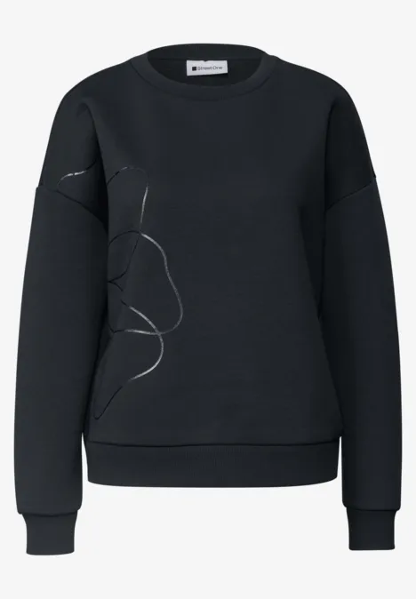 Sweatshirt met Loose Fit-pasvorm en folieprint indigo night Schwarzer Pullover mit weißer minimalistischer Linienzeichnung auf der linken Seite.