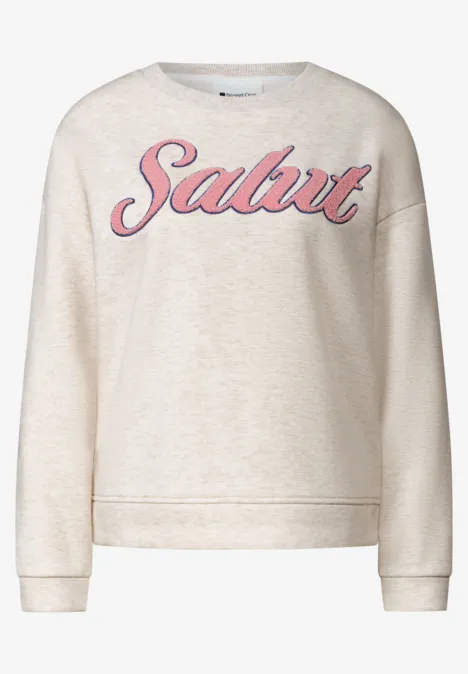 Beiger Pullover mit rosafarbenem Schriftzug 'Salut'