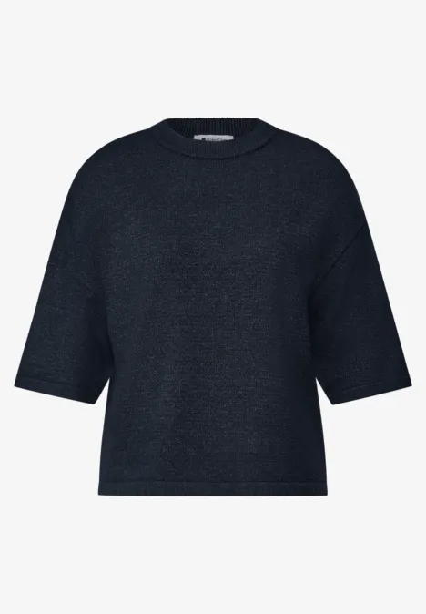 3/4-Arm Pullover mit Rundhals darkest blue mel. Dunkelblauer, kurzärmliger Feinstrick-Pullover mit Rundhalsausschnitt und lockerem Schnitt.