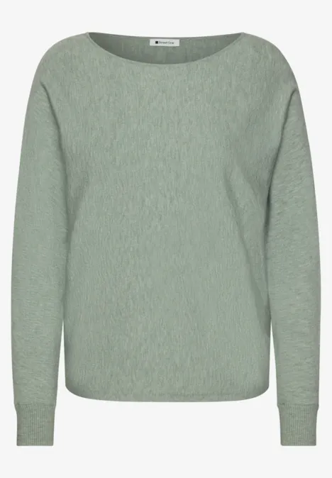 Dolman-trui met boothals eucalyptus green mel. Lichtgrijs-groene damestrui met boothals, lange mouwen en geribbelde boorden.