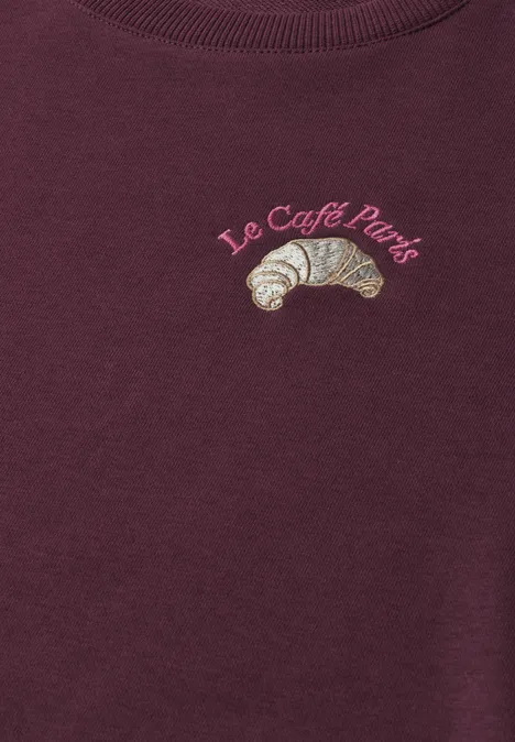 Bordeauxfarbenes Sweatshirt mit gesticktem Croissant in französischen Farben und Schriftzug “Le Café Paris”