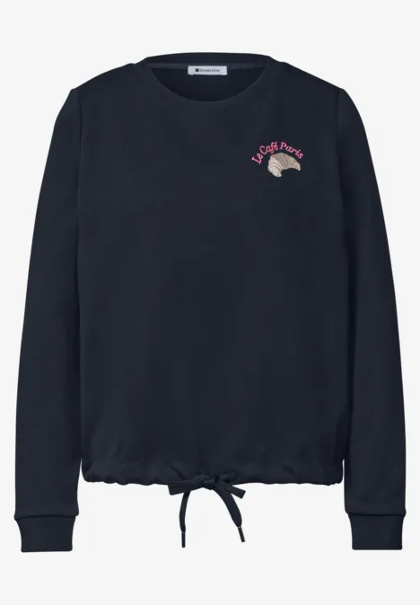 Dunkelblaue Damen-Langarmjacke mit Tunnelzug am Saum und kleinem Aufdruck mit Igel und Schriftzug "Let's Cuddle"