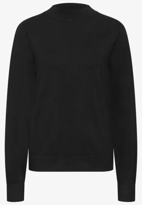 Schwarzer Langarm-Pullover mit Rundhalsausschnitt vor weißem Hintergrund.