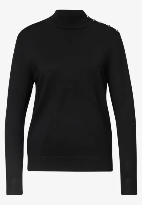 Pullover mit Turtle Neck und Knopfdetails Black Schwarzer, langer Pullover mit Rollkragen und langen Ärmeln.