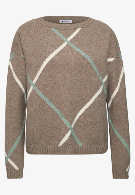 Brauner Pullover mit diagonalen weißen und mintgrünen Streifen, Rundhalsausschnitt und geradem Schnitt.