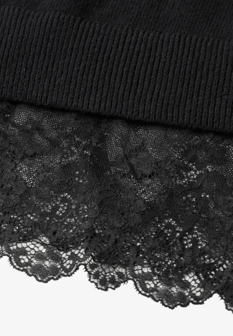 Pullover mit Rundhals und Spitzenkante Black Schwarzer Spitzenstoff mit floraler Musterbordüre