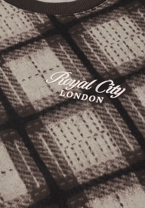 Texte 'Royal City LONDON' sur motif à carreaux brun et beige en textile.