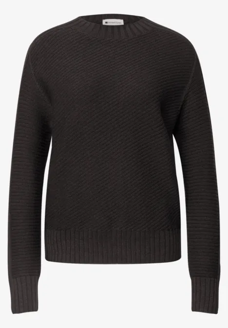 Langarm Pullover mit Turtle Neck und Struktur black coffee Schwarzer Rundhalspullover mit grobem Rippenstrick