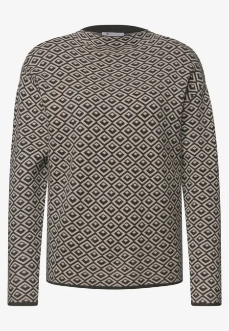 Beiges Langarmshirt mit schwarzem Rautenmuster
