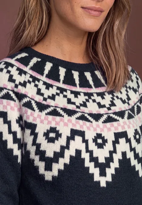 Pullover mit Rundhals und Jacquardmuster darkest blue Damenpullover mit norwegischem Strickmuster in Dunkelblau, Weiß und Rosa