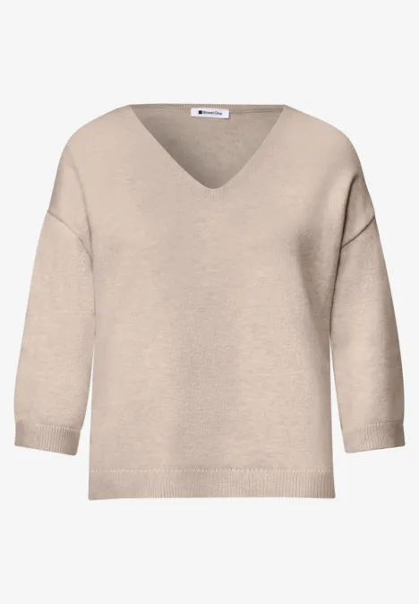 Beiger, locker geschnittener V-Ausschnitt-Pullover mit 3/4-Ärmeln